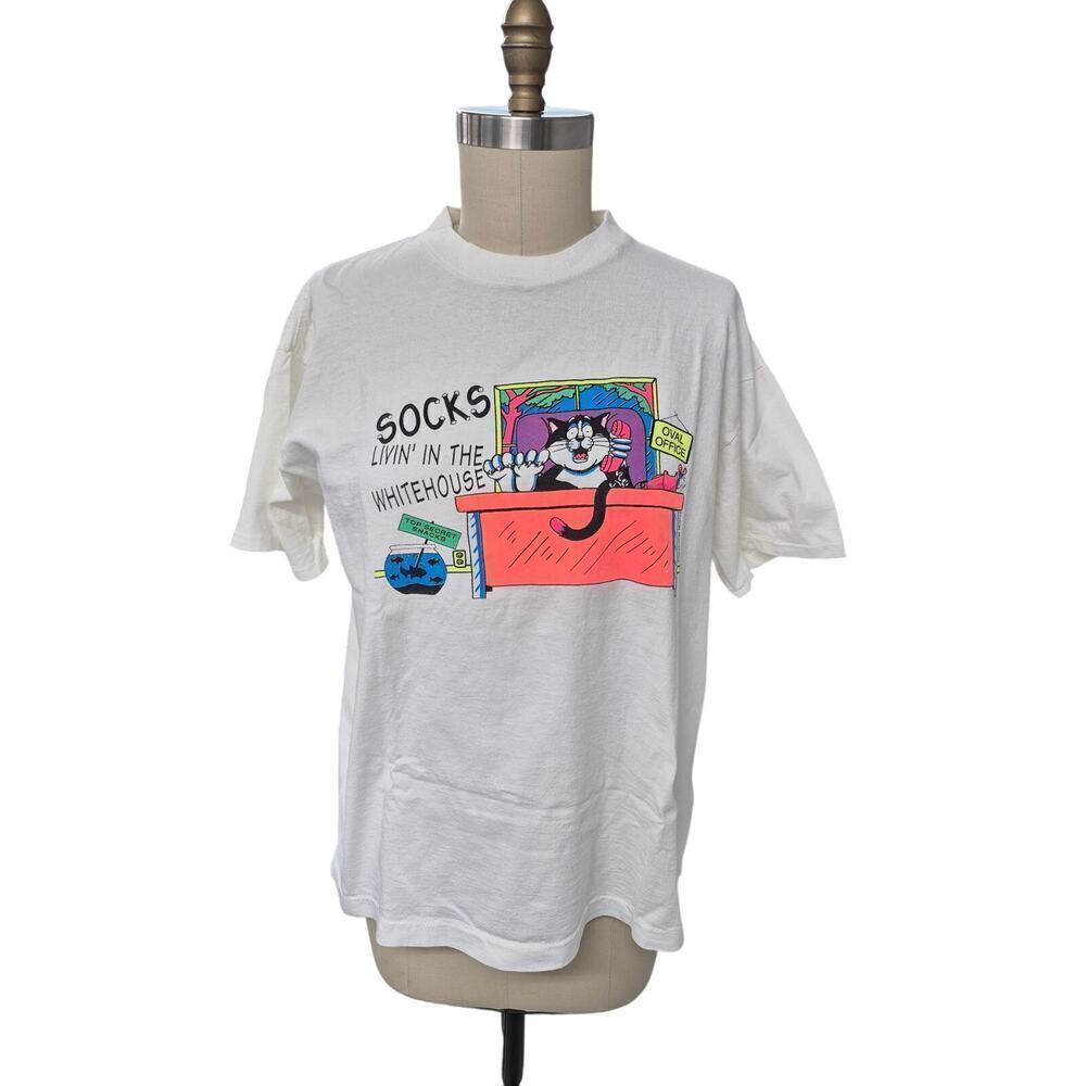 Vtg 90s Y2k Yaga 100% Cotton White Socks The Cat T-shirt White House Clinton XL